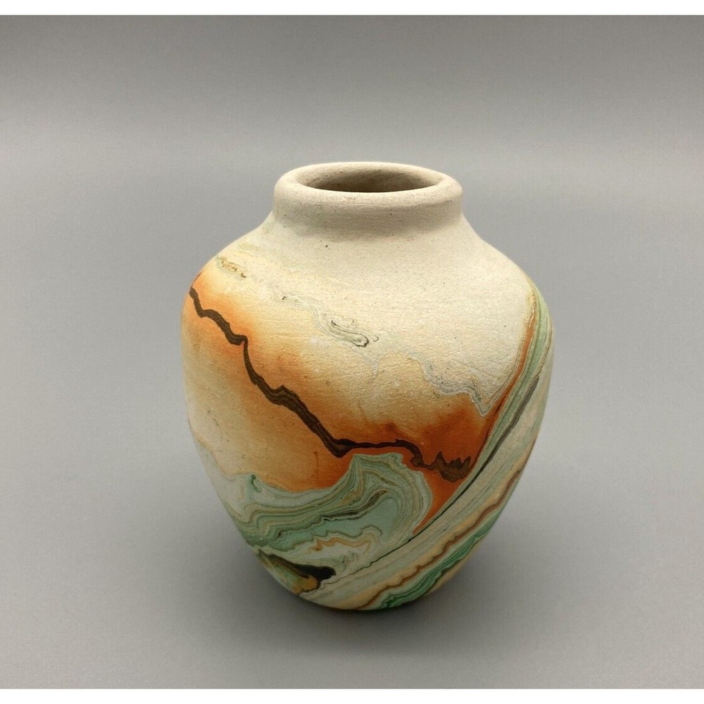 Vintage Nemadji pottery small vase native clay orange green brown swirl 3 1/4"